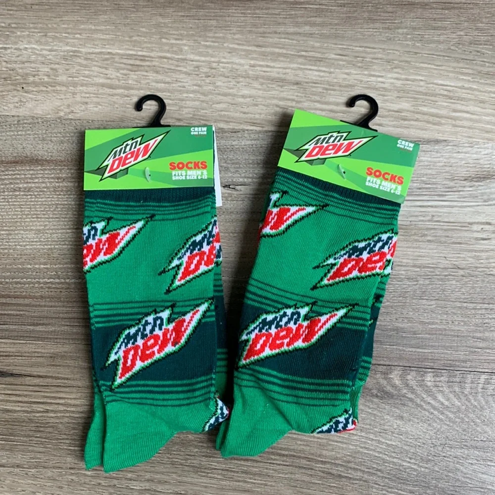 2 Pair Mtn Dew Crew Socks Mens 6-12 Fun Novelty Unisex Sock New Mountain Dew